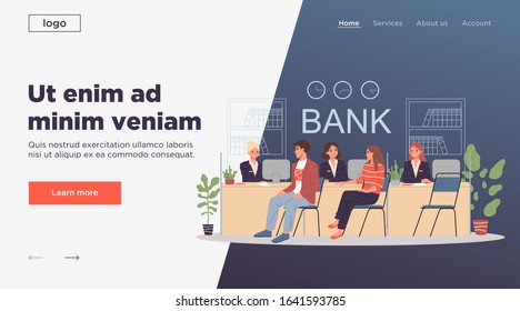 Clients consulting bank managers. Consultants and customers discussing deposits or loan terms flat vector illustration. Finance, credit, business concept for banner, website design or landing web page