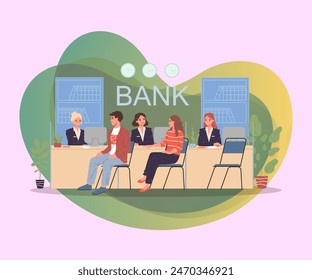 Clients consulting bank managers. Consultants and customers discussing deposits or loan terms flat vector illustration. Finance, credit, business concept for banner, website design or landing web page