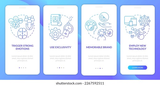 Clientes emociones gestión de degradado azul en pantalla de aplicación móvil. Recorrido 4 pasos instrucciones gráficas con conceptos lineales. UI, UX, plantilla GUI. Multitud de tipos de letra Pro-Bold, con uso regular