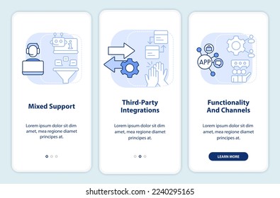 Clients engagement platform features light blue onboarding mobile app screen. Walkthrough 3 steps editable instructions with linear concepts. UI, UX, GUI template. Myriad Pro-Bold, Regular fonts used