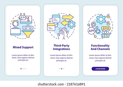 Clients engagement platform features onboarding mobile app screen. Walkthrough 3 steps editable graphic instructions with linear concepts. UI, UX, GUI template. Myriad Pro-Bold, Regular fonts used