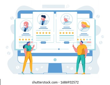 Clients Evaluating Doctors Ranking Illustration. Patients Analyzing Best Physicians Profiles Cartoon Characters. Telemedicine Website Users Comparing Therapists Reviews. E Health Webpage Portfolios