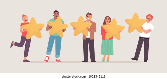 Clients are evaluating a service. Positive user satisfaction rating. People are holding stars in their hands. Consumer product review. Feedback. Vector illustration in flat style