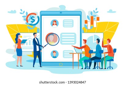 Clients Experience Improvement, Customers Online Behaviors Study, Developing Marketing Strategy for Target Audience Flat Vector Concept with Company Employees Analyzing Social Network User Profile