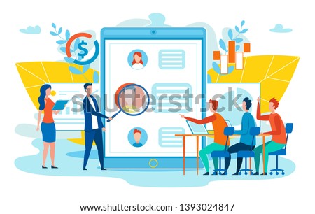 Clients Experience Improvement, Customers Online Behaviors Study, Developing Marketing Strategy for Target Audience Flat Vector Concept with Company Employees Analyzing Social Network User Profile