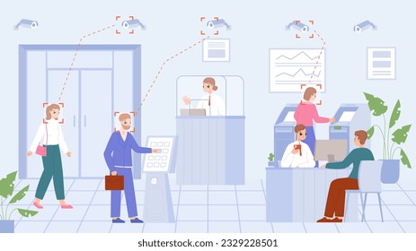 Clients face recognition in bank office. Customer service, counters and cashiers. Finance, business and credit department, snugly banking vector scene