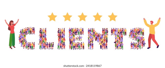 Comentarios de los clientes. Apreciación del cliente, revisión del cliente de cinco estrellas de oro y personas de banda palabra isométrica vector ilustración de la retroalimentación del cliente, apreciación positiva