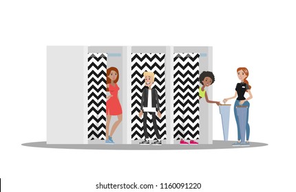 Clients In The Fitting Room In The Clothing Store. People Standing Behind Curtain And Try Fashion Clothes On. Vector Flat Illustration