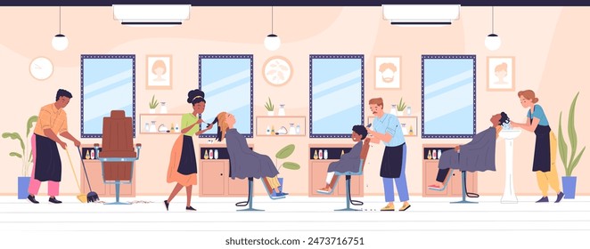 Clientes en peluquería. Peluquero que trabaja corta a la gente en la silla en el espejo, barbería servicio de corte de pelo salón interior cortador de pelo feliz Clientes Ilustración vectorial elegante