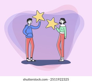 Clients holding review stars flat vector illustration. Young people giving award for good quality and service. Excellence rating and customers feedback concept