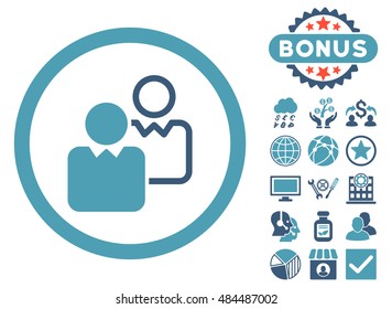 Clients icon with bonus pictures. Vector illustration style is flat iconic bicolor symbols, cyan and blue colors, white background.