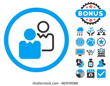 Clients icon with bonus symbols. Vector illustration style is flat iconic bicolor symbols, blue and gray colors, white background.