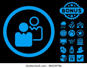 Clients icon with bonus symbols. Vector illustration style is flat iconic symbols, blue color, black background.