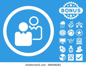 Clients icon with bonus symbols. Vector illustration style is flat iconic symbols, white color, blue background.