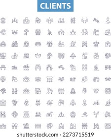 Clients line icons, signs set. Customers, Patrons, Consumers, Clients, Buyers, Prospects, Subscribers, Cliques, Audiences outline vector illustrations.