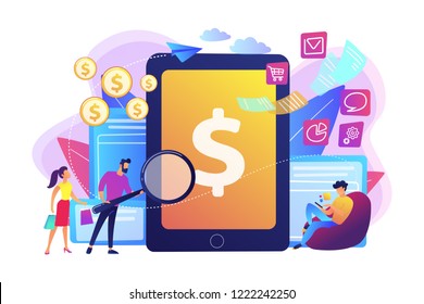 Clients with magnifier get e-invoicing and pay bills online. E-invoicing service, electronic invoicing, e-billing system and e-economy tools concept. Bright vibrant violet vector isolated illustration