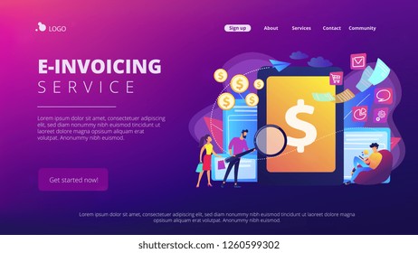 Clients with magnifier get e-invoicing and pay bills online. E-invoicing service, electronic invoicing, e-billing system and e-economy tools concept. Website vibrant violet landing web page template.