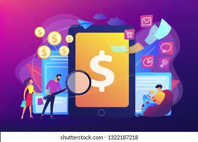 Clients with magnifier get e-invoicing and pay bills online. E-invoicing service, electronic invoicing, e-billing system and e-economy tools concept. Bright vibrant violet vector isolated illustration
