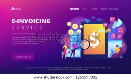 Clients with magnifier get e-invoicing and pay bills online. E-invoicing service, electronic invoicing, e-billing system and e-economy tools concept. Website vibrant violet landing web page template.