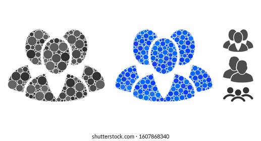 Clients mosaic of circle elements in various sizes and shades, based on clients icon. Vector circle elements are organized into blue mosaic. Dotted clients icon in usual and blue versions.