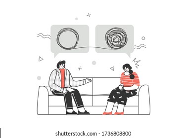 Clients and psychologists. Supporting mental health. Concept of social psychiatry, therapist and patient. Treatment of stress, addictions and mental problems. Vector illustration