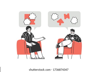 Clients and psychologists. Supporting mental health. Concept of social psychiatry, therapist and patient. Treatment of stress, addictions and mental problems. Vector illustration