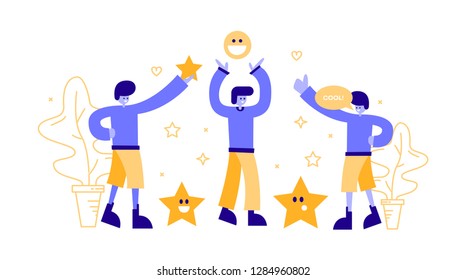 Clients rate. Customer feedback with star and emoji. flat vector illustation on white background