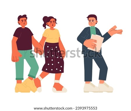 Clients real-estate agent showing house cartoon flat illustration. Latin american couple buying home 2D characters isolated on white background. Diverse buyers broker realty scene vector color image