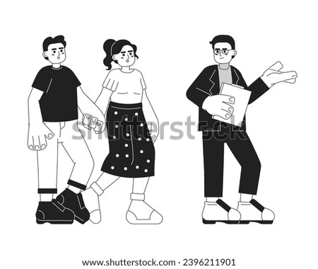 Clients real-estate agent showing house black and white cartoon flat illustration. Hispanic couple buying home linear 2D characters isolated. Diverse buyers broker realty monochromatic vector image