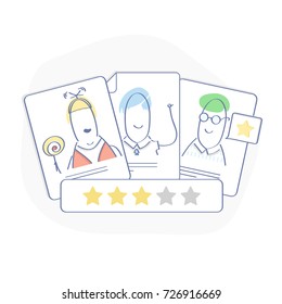 Client's Review, Customer Feedback, User's Comment Or Satisfaction Level. Portraits Of Three People And Evaluation Stars Below. Flat Outline Vector Icon, Concept For Website, Mobile, Apps.