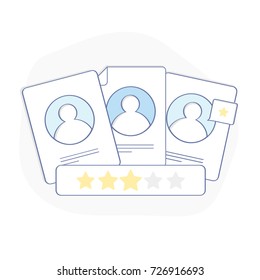 Client's Review, Customer Feedback, User's Comment or Satisfaction Level. Portraits of three people and evaluation stars below. Flat outline vector icon, concept for Website, Mobile, Apps.