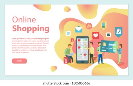 Clients with smartphones and laptops vector. People buying things online with internet, man and woman with credit card, payment and economy ecommerce