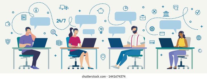 Clients Support, Helpline for Customers, Online Technical Assistance Flat Vector Concept. Call Center Operators in Headset, Sitting at Desk, Communicating, Messaging, Answering Questions Illustration