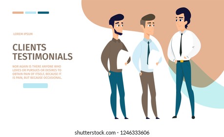 Clients Testimonials Online Service Flat Vector Web Banner, Website Template with Satisfied Customers Leaving Reviews, Feedback About Their Consumer Experience. Internet Marketing Company Landing Page