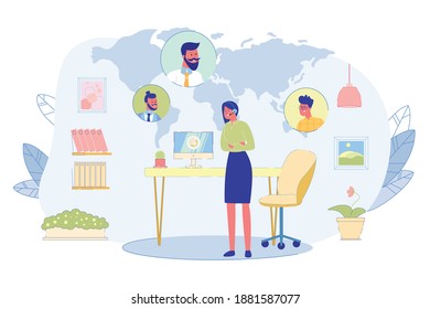 Clients Worldwide Support Service, Web Telephony Technology Flat Vector Concept. Operator with Headset, Hot Line Manager Communicating with Customers, Woman Calling Friends via Internet Illustration