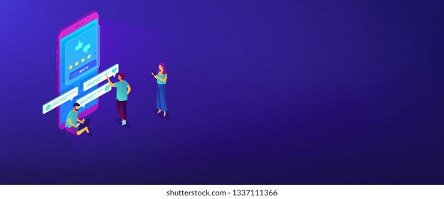 Clients writing and reading feedback on mobile phone. Customer feedback, customer rating feedback, customer relationship management concept. Isometric 3D banner header template copy space.