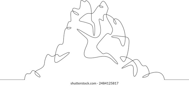 Die Klippe ist schön. Hoher Felsvorsprung. Berglandschaft. Rock-Logo. Eine durchgehende Linie. Linienart. Mindestens eine Zeile. Weißer Hintergrund. Eine Strichzeichnung.