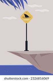 A cliff with a beautiful ocean view and a caution road sign indicating a shark fin