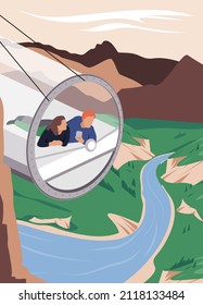 Cliff bubble suspended on a mountain, travel illustration. A couple in a skylodge adventure. Glass cabin hanging off above a green landscape with mountains and river. Vector.