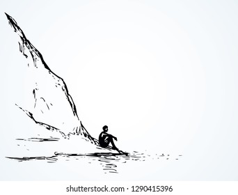 Cliff calm remote Alps scene on high riverbank. Line black ink hand drawn sad lone young girl on space for text on white sky. Wild Alpine waterfront pond peace view picture in art vintage doodle style