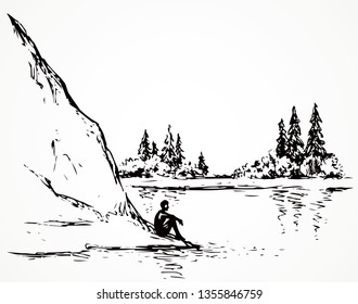 Cliff calm remote Alps scene on high riverbank. Line black ink hand drawn sad lone young girl on space for text on white sky. Wild Alpine waterfront pond peace view picture in art vintage doodle style