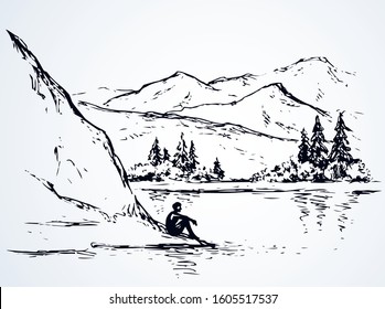 Cliff calm remote Alps scene on high riverbank. Line black ink hand drawn sad lone young girl on space for text on white sky. Wild Alpine waterfront pond peace view picture in art vintage doodle style