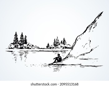 Cliff calm remote Alps scene high riverbank  Line black ink hand drawn sad lone young girl space for text white sky  Wild Alpine waterfront pond peace view picture in art vintage doodle style