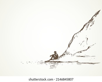 Cliff calm remote Alps scene on high riverbank. Line black ink hand drawn sad lone young girl on space for text on white sky. Wild Alpine waterfront pond peace view picture in art vintage doodle style