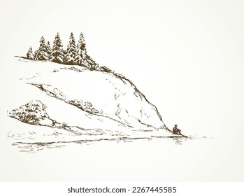 Cliff calm remote Alps scene high riverbank  Line black ink hand drawn sad lone young girl space for text white sky  Wild Alpine waterfront pond peace view picture in art vintage doodle style