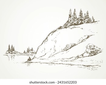 Cliff calm remote Alps scene on high riverbank. Line black ink hand drawn sad lone young girl on space for text on white sky. Wild Alpine waterfront pond peace view picture in art vintage doodle style