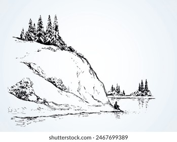 Cliff calm remote Alps scene on high riverbank. Line black ink hand drawn sad lone young girl on space for text on white sky. Wild Alpine waterfront pond peace view picture in art vintage doodle style