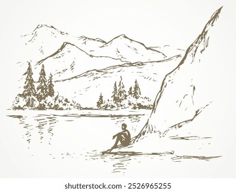 Cliff calma cena remota Alpes na margem do rio. Linha preta tinta mão desenhada triste jovem solitária no espaço para texto no céu branco. Selvagem alpina lagoa aquático paz ver imagem em arte vintage doodle estilo