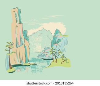 cliff card nature landscape view landscape card vector sketch illustration japanese chinese oriental line