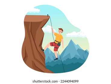 Ilustración de escalada de escalada con pared de roca escalada o acantilados de montaña y deporte de actividad extrema en plantilla de dibujo a mano de dibujos planos